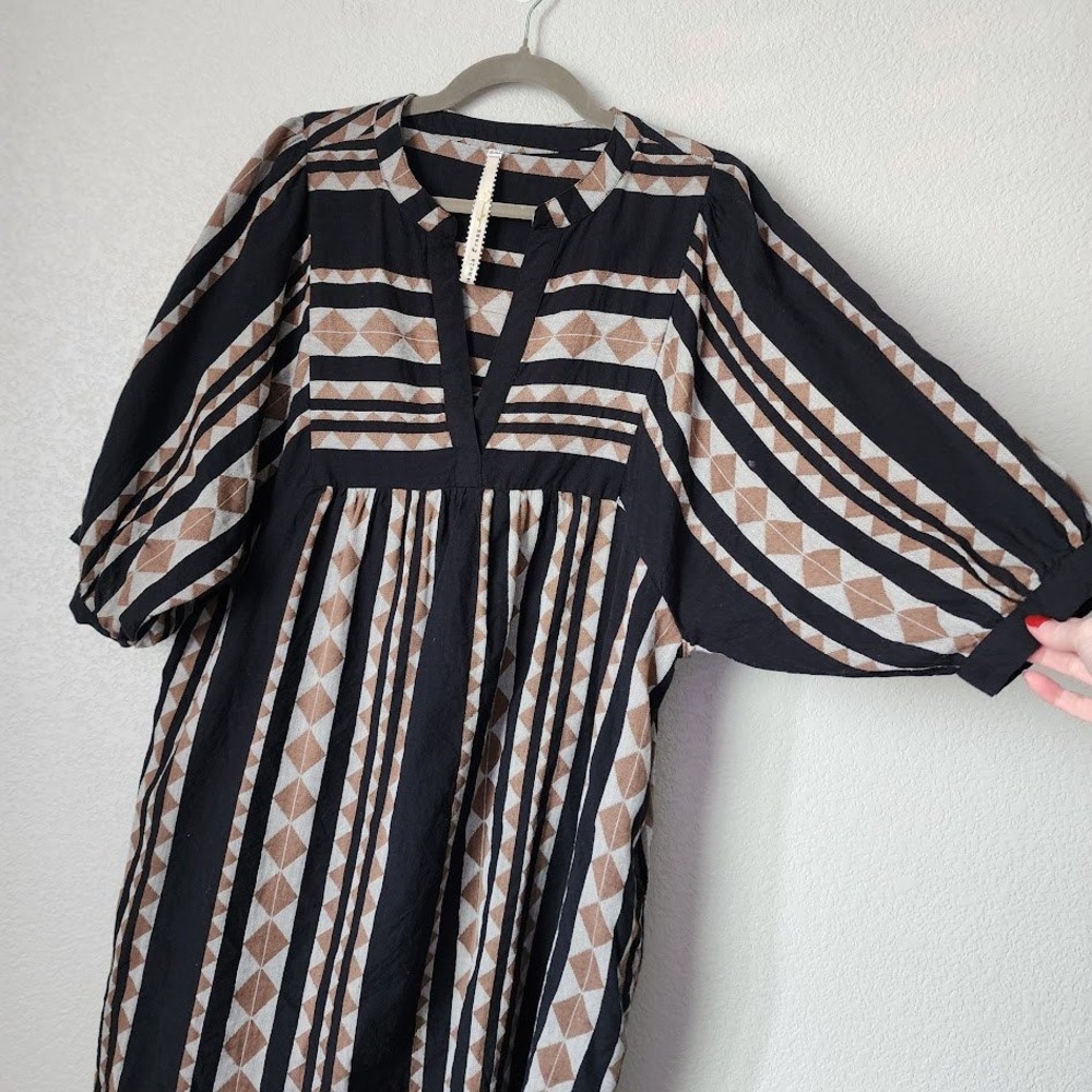 UNCLE FRANK Geometric Boho Babydoll Tunic Dress Puff Sleeve S M - Picture 9 of 11